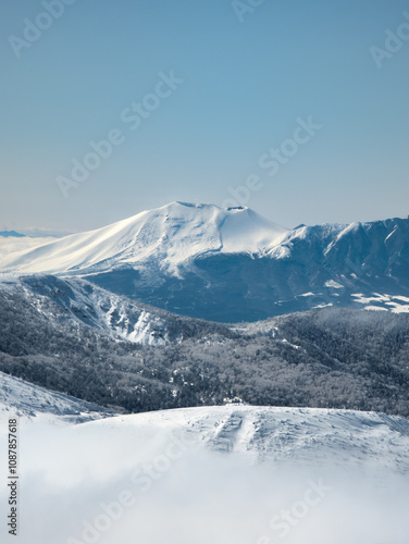 Volcano Mount Asama viewed from Yokoteyama in Nagano, Japan