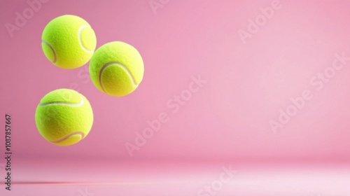 Three bright yellow tennis balls stacked on a vibrant pink background during ...