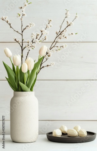 Minimalist vase with branches and a white cup on a wooden table in a serene s...