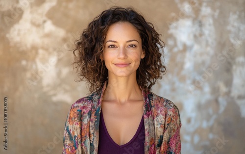 Young woman with curly hair and freckles smiles warmly against a textured bac...