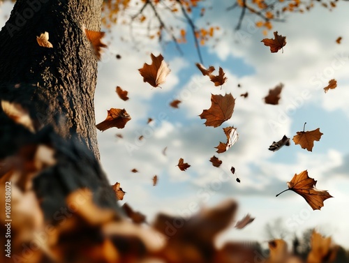 A bunch of leaves falling from a tree in the air photo