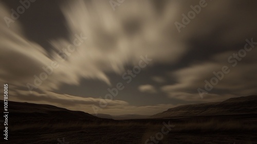 A serene night landscape with flowing clouds over distant hills and valleys.