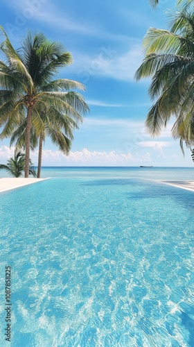 Relaxing poolside view with palm trees under a clear sky at a tropical beach ...