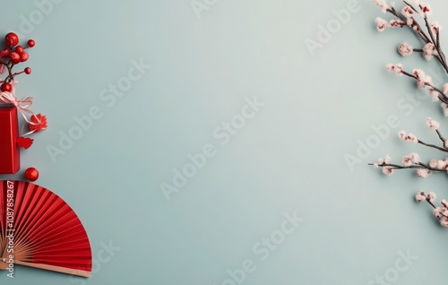 Festive decoration with red fan, gift box, and cherry blossoms on light blue ...