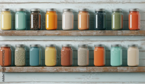 A row of colorful jars filled with paint displayed on a wooden shelf in a bri...
