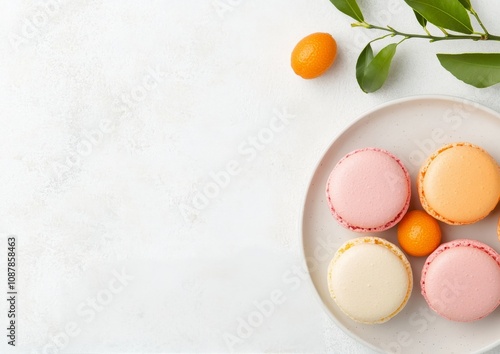 Colorful macarons on a plate with citrus fruits and greenery in a bright kitc...