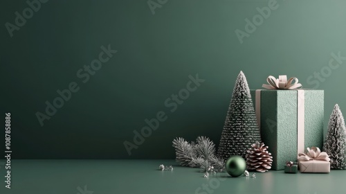 Festive green decorations with presents and trees for a winter holiday celebr...