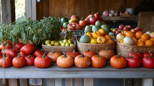 A table full of fresh local produce like tomatoes pumpkin