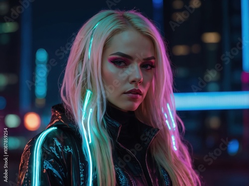 A beautiful woman in cyberpunk fashion with neon lights reflecting on her face, creating a futuristic and edgy look