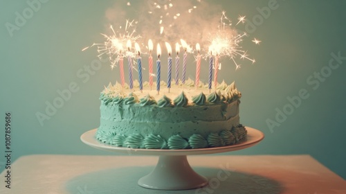 Celebratory cake with candles and sparklers during a birthday party at night
