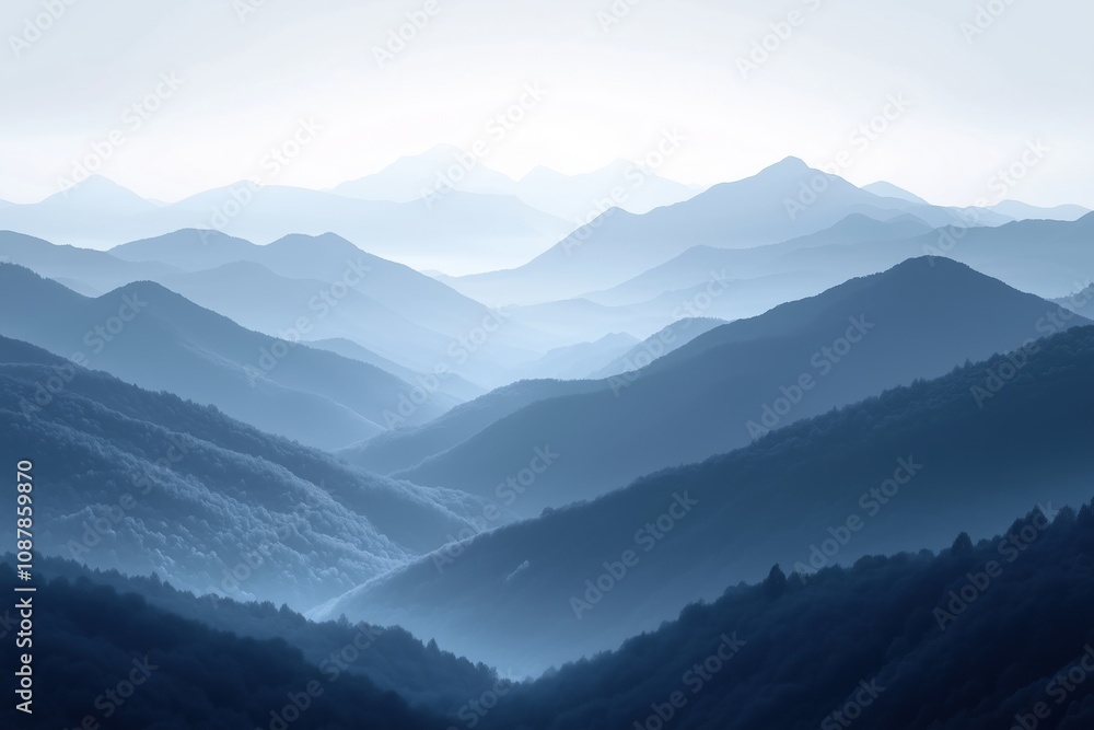 Obraz premium Layered blue mountain range in misty light