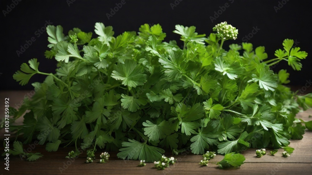 A bunch of fresh parsley with delicate white flowers sits on a rustic wooden surface against a dark background. A bunch of fresh parsley with delicate white flowers sits on a rustic wooden surface against a dark background.