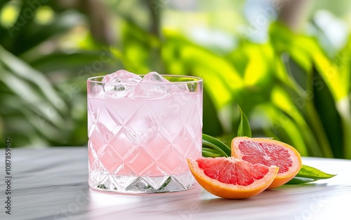 Refreshing pink cocktail with ice and mint on a bright tropical table