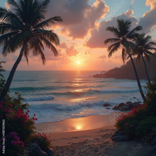 Playa desierta con palmeras flores rojas y una puesta de sol