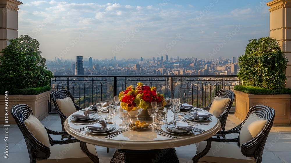 Fototapeta premium A table set on a terrace overlooking an impressive landscape