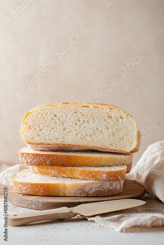 Freshly sliced white bread stacked on a countertop, ready for tasty sandwiche...