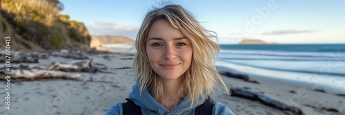 Happy woman smiling at the beach on a sunny day with waves and clouds in the ...