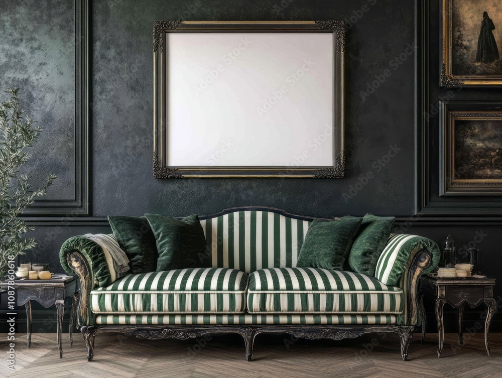 Obraz premium Elegant Green Striped Sofa with Ornate Frame and Artwork