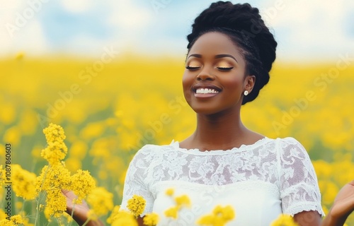 Young woman enjoying the serenity of a vibrant yellow flower field during sunset