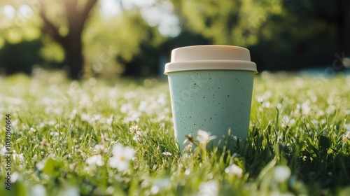 Coffee cup resting on green grass in a sunny park during a warm afternoon