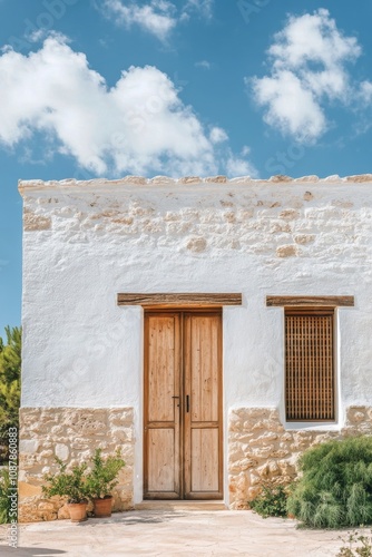 Charming white stone house entrance with wooden door in a sunny garden setting