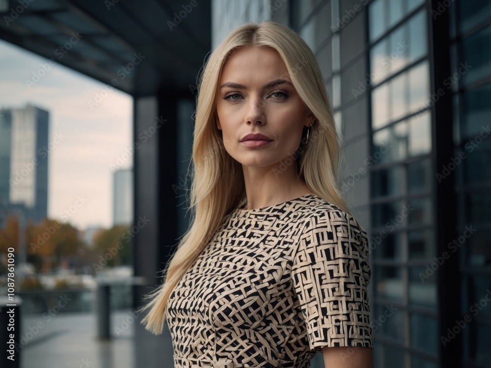 A stylish woman in contemporary fashion stands confidently against the backdrop of a modern office building, exuding elegance and sophistication A stylish woman in contemporary fashion stands confidently against the backdrop of a modern office building, exuding elegance and sophistication