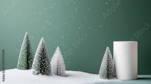 Snowy landscape with evergreen trees and a cylindrical object during winter s...