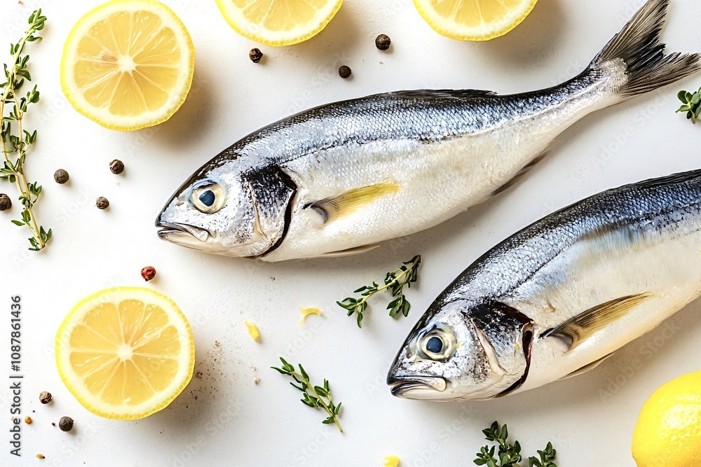 Fresh uncooked fish with lemon, thyme, and peppercorns on white surface, creating a healthy, delicious meal Fresh uncooked fish with lemon, thyme, and peppercorns on white surface, creating a healthy, delicious meal