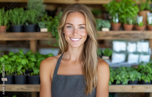 Young woman smiles in an urban market surrounded by fresh herbs and greens