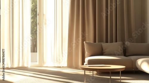 Bright and airy living room setup featuring a cozy sofa, plants, and warm sun...