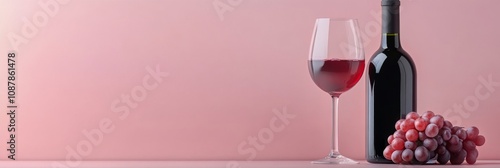 Elegant red wine bottle and glass beside fresh grapes on a soft pink background