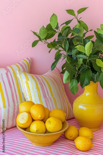 Bright and cheerful indoor decor featuring lemons, colorful pillows, and a vi...