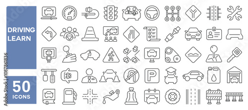 Set of 50 line icons related to driving learn, car, control, vehicle, drive, rules, examination, test, auto, license, Editable stroke. Vector illustration