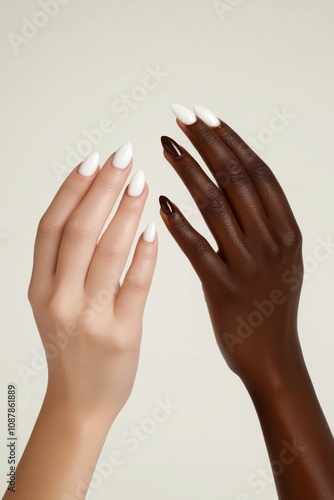 Elegant hand showcasing modern nail art with contrasting colors in a minimali...