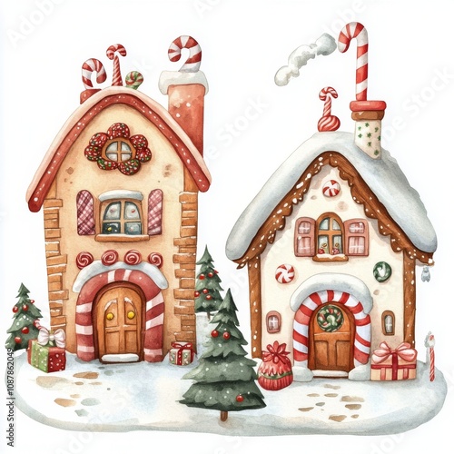 Colorful gingerbread houses decorated with candy canes and snow near evergree...