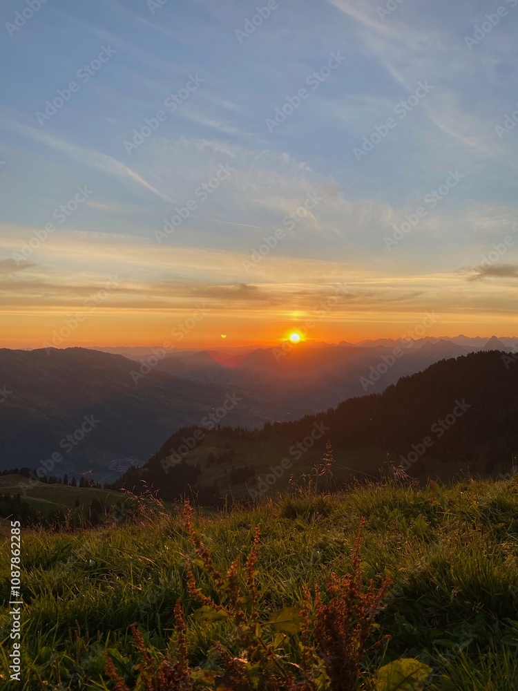 Sunset Over Swiss Alpine Landscape with Scenic Views Sunset Over Swiss Alpine Landscape with Scenic Views