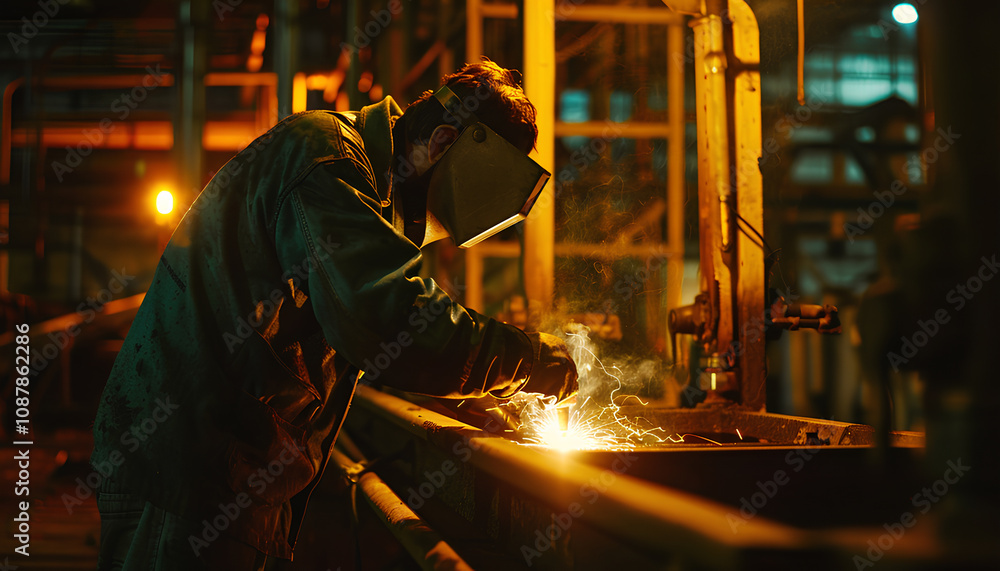 Man Industrial welder worker using a welding torch on metal in a factory. welding worker team working arc weld metal joint production in heavy industry danger and risk workplace with eyes safety Man Industrial welder worker using a welding torch on metal in a factory. welding worker team working arc weld metal joint production in heavy industry danger and risk workplace with eyes safety