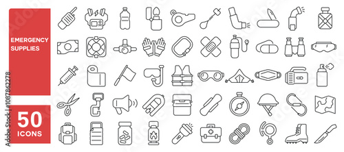 Set of 50 line icons related to emergency supplies, survival, kit, evacuation, aid, disaster, utensil, safety, rescue, medicine, Editable stroke. Vector illustration