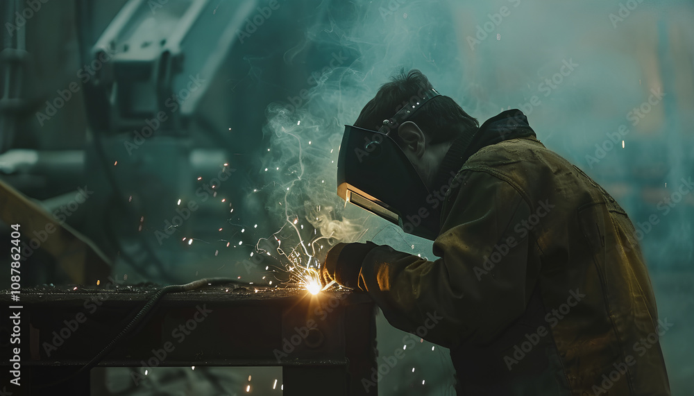 Man Industrial welder worker using a welding torch on metal in a factory. welding worker team working arc weld metal joint production in heavy industry danger and risk workplace with eyes safety Man Industrial welder worker using a welding torch on metal in a factory. welding worker team working arc weld metal joint production in heavy industry danger and risk workplace with eyes safety