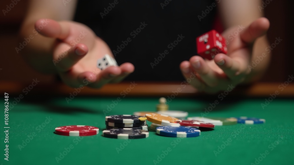 Exciting game night: a skilled player rolls dice amidst vibrant poker chips at a cozy casino Exciting game night: a skilled player rolls dice amidst vibrant poker chips at a cozy casino