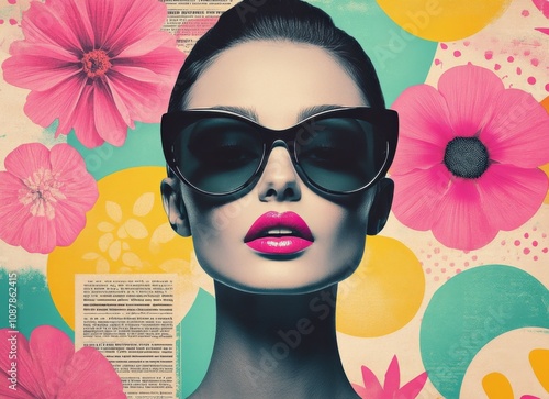 Elegant woman in sunglasses against colorful floral background with bold make...