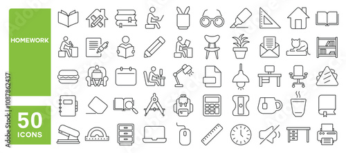 Set of 50 line icons related to homework, book, house, lesson, exam, study, student, notebook, schoolwork, classwork, Editable stroke. Vector illustration