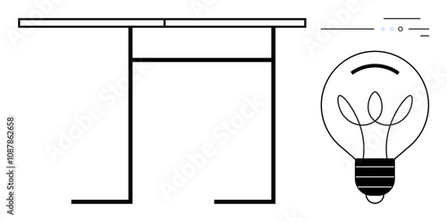 Minimalist black and white drawing of a desk with a nearby lightbulb, highlighting innovative ideas. Ideal for creativity, innovation, office themes, brainstorming, inspiration, modern design