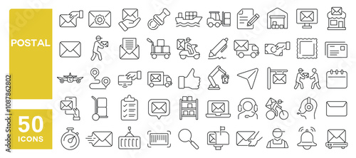 Set of 50 line icons related to postal, envelope, mail, shipping, stamp, truck, delivery, parcel, paper, post, Editable stroke. Vector illustration
