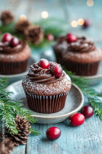 Delicious chocolate cupcakes topped with cream and cranberries on a festive t...