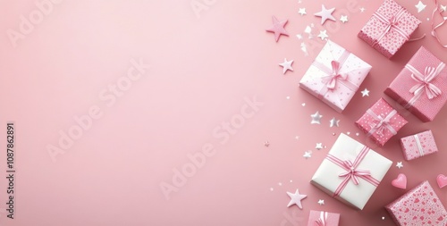 Colorful gift boxes with ribbons and stars on a pink sparkling background for...