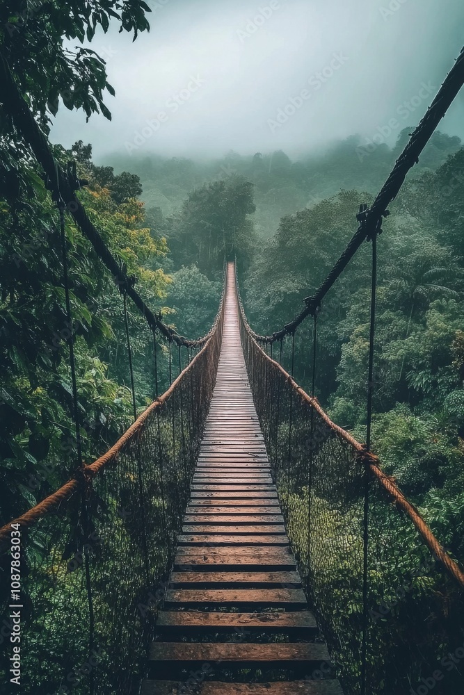 A serene forest canopy walk on a hanging bridge surrounded by lush greenery and mist A serene forest canopy walk on a hanging bridge surrounded by lush greenery and mist