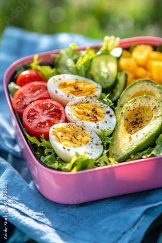 Healthy salad bowl with fresh vegetables and poached eggs on a sunny day picn...