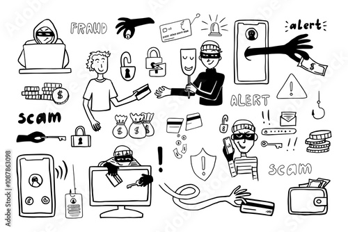 Set of bank thieves, phone fraudster and computer scammers in doodle style. Bank card, credit card, safe deposit, cheater, alarm system, fishing, scam, alert, finance, bag money. Hand drawn