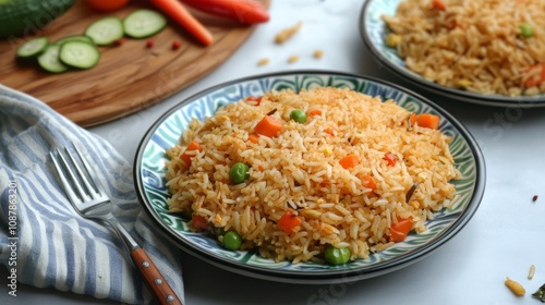 Delicious fried rice served on colorful plates with fresh vegetables and vibr...